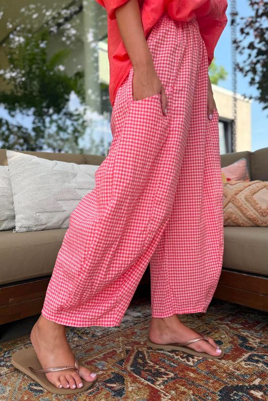 Arbi Gingham Relaxed Barrel Pant Sherbet Coral